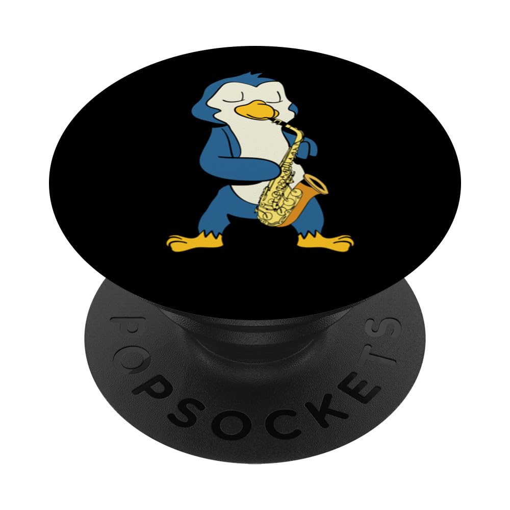 Cartoon penguin playing saxophone PopSockets Adhesive PopGrip