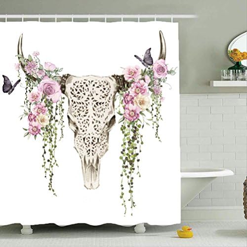 MariamMcKinley wild rose skull Shower Curtain, 66 x 72 Pink white
