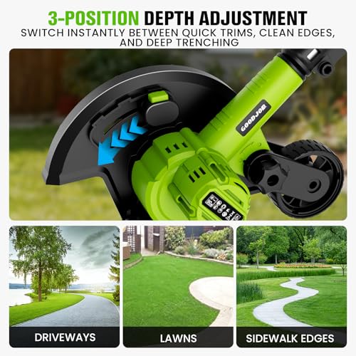 Cordless Lawn Edger, 20V Battery Powered Edger for Lawns Sidewalk | 2 x 2.0 Ah Batteries & Fast Charger 9 Inch Blade Dual Wheels 3500 RPM 400W Motor Edger with 3 Depth Settings for Driveway