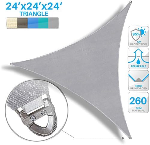 Patio Large Sun Shade Sail 24' x 24' x 24' Equilateral Triangle Heavy Duty Strengthen Durable Outdoor Canopy UV Block Fabric A-Ring Design Metal Spring Reinforcement 7 Year Warranty -Light Gray