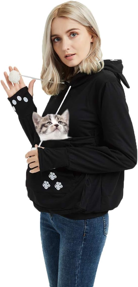 JomagoWomens Pet Carrier Thin Hoodies Kitten Puppy Pouch Shirts Animal Holder Hood Long Sleeve Sweatshirt