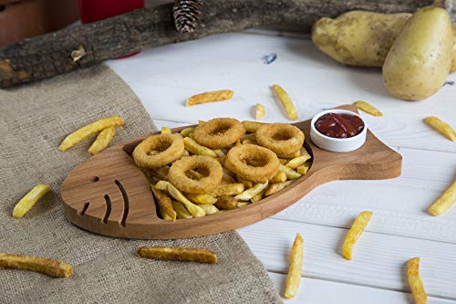 The Mammoth Design Chips and Dip Serving Platter | Serveware with Porcelain Sauce Bowl | Organic Wooden Snack, Appetizer Tray, Dish | Decorative Home, Kitchen Accessory | for Kids, Adults (Fish)