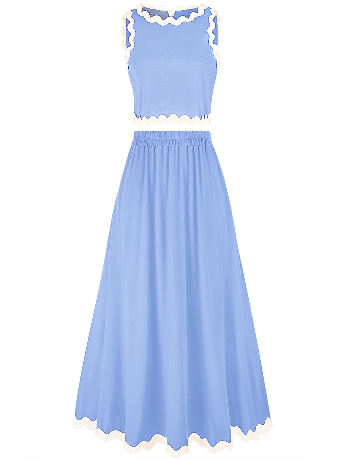 Photo 1 of (TOP ONLY)BLEVONH 2 Piece Skirt Sets for Women Summer Clothes for Woman 2025 Vacation Trendy Cute Crop Tops and Flowy Maxi Skirt Mathing Set Cruise Outfits for Women Going Out Holiday Travel Dress Light Blue L