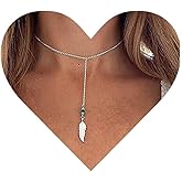 Allereyae Vintage Feather Drop Y Necklace Turquoise Bead Drop Necklace Feather Y Lariat Necklace Silver Feather Necklace Jewelry for Women