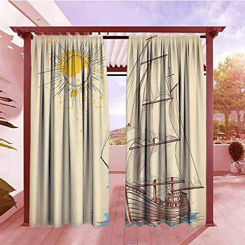 AndyTours Outdoor Rod Pocket Curtains Nautical Decor Nautical Pattern of A Sailing Boat in Windy Sea with Splashed Sun Cruising Galleon Darkening Thermal Insulated Blackout W72x108L Cream Brown