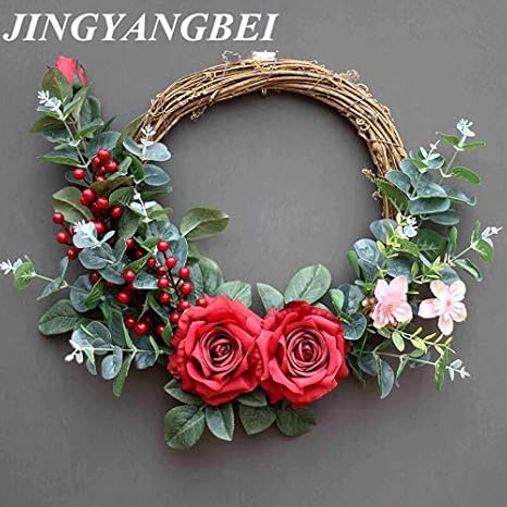 Amazon Co Jp カモミール Gtin ホットリース ガーランド 手仕事の籐レッドシルク ローズリース ユーカリグリーンリーフベリー 造花ガーランド 雑草装飾 1個 ホーム キッチン