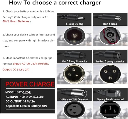 48V Lithium Battery Charger, 54.6V 2A Universal Electric Charger for Ebike Battery, 7-in-1 Charger for Hiboy Titan/Titan Pro /P6 /Jetson Haze/HeyBike/Sondors/Rad Power/Aventon (48V Only)