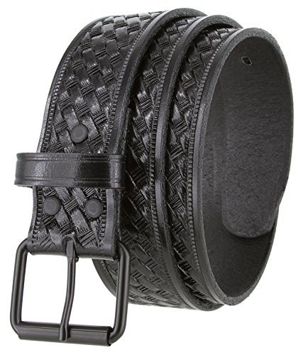 Black Roller Buckle Casual One Piece Full Grain Leather Basketweave Engraved Belt 1 1/2