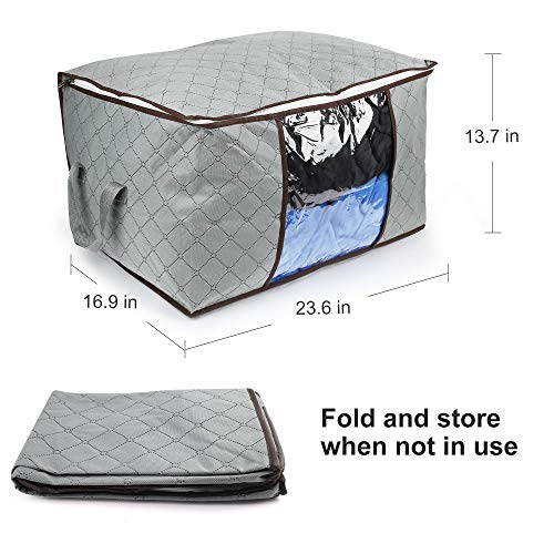 LotFancy Clothes Storage Bag, Large Capacity, 90L, Pack of 3, Blanket Comforter Bedding Closet Organizer, Foldable, Thick Fabric with Zipper, Reinforced Handle, Clear Window, Grey