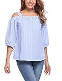 Zeagoo Women's Casual Cold Shoulder Stripe Tops 3 4 Sleeve T Shirt Loose Fit Tie Cuff Blouse Top