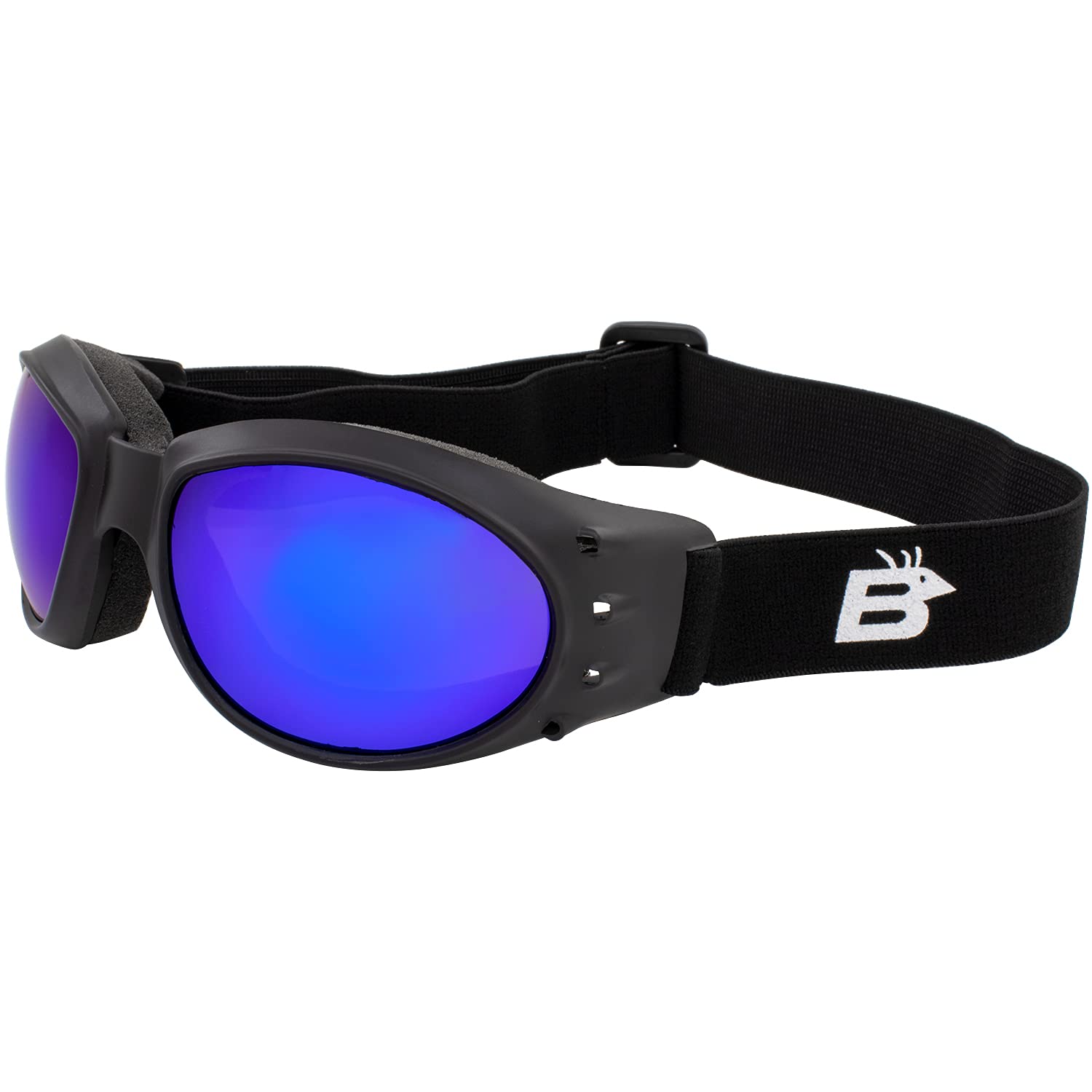 Birdz Eagle Matte Black Padded Dirt Bike Motorcycle Riding Goggles with ReflecTech Mirror Lens for Men and Women (Blue)