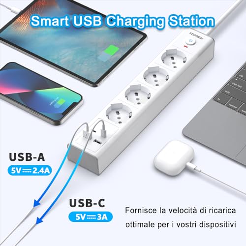 TOPREK Electrical Power Strip with 4 Universal Sockets ITA 10/16A and Schuko and 2 USB C and 2 USB A, 2 Metres 90° Elbow Plug, 4000W/16A, Multi Socket with Switch (Equipped with 2 Plastic Ties)