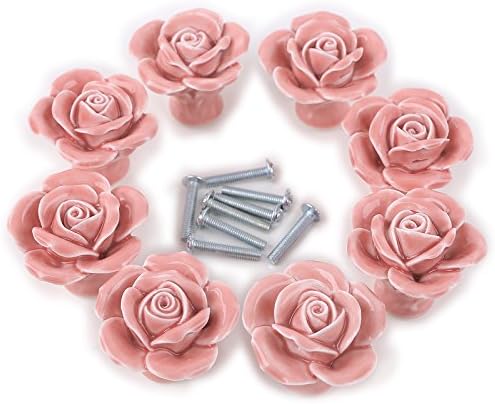 Aketek 8PCS Ceramic Vintage Rose Floral Door Knobs Handle Drawer Kitchen Screw -White/Pink