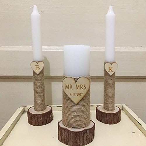 Mr Mrs Wedding Candles Set, Rustic Wedding Ceremony Accessories Unity Candle Set Custom Wedding Unity Candle Set with Wood Candles Holders