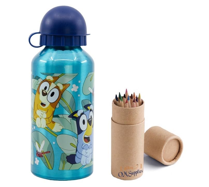 Characters Aluminium Sports Bottle 400ml - Holiday, Back to School Water Drinking Kids Lunch Children Includes Half Size 12pcs (Blue)