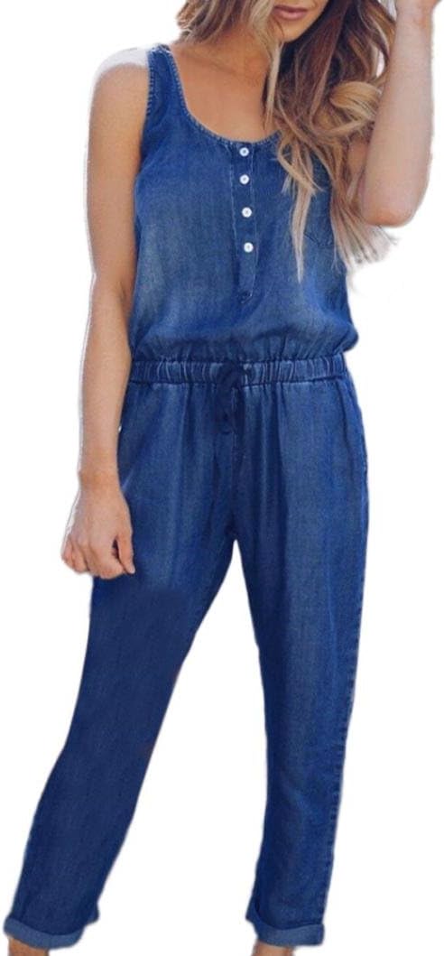 ABASSKY Jumpsuit for Women Holiday Playsuit Jeans Demin Elastic Waist Strappy Long Beach