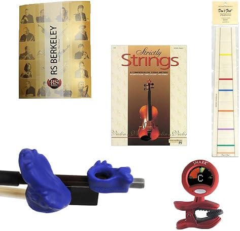 Violin Players Instructional Pack (For 1/8 Size Violin)- Essential Beginners Pack for the Violin Includes: Blue Bow Hold Buddy Violin Teaching Aid, Don't Fret Position Indicator for 1/8 Violin, Band Folder, Strictly Strings Book 1 for Violin, &amp; Tuner &amp; Metronome