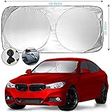 Car Windshield Sun Shade + Bonus Gift - Heat & Sun Protector, Compact Storage with Strap, Quick & Easy Installation, UV Ray Deflector | Black/Silver Sides (59