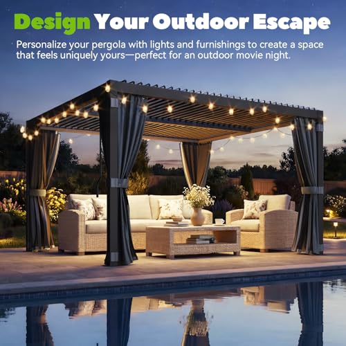 MELLCOM Louvered Pergola 10x10, Aluminum Pergola with Adjustable Louvered Roofs, Outdoor Gazebo with Waterproof Curtains and Nets, Black