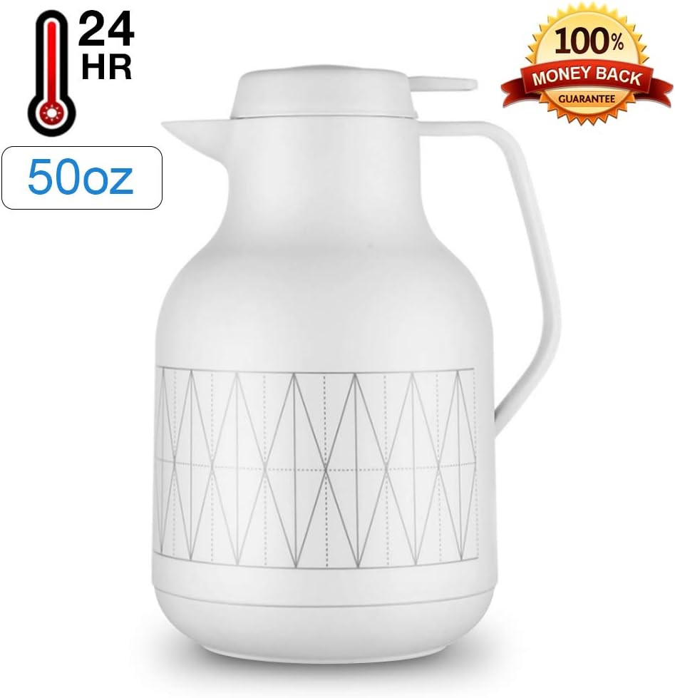 ShineMe 50 oz Coffee Carafe, 1.5 liter Tea Thermos Large Home Bottle, Coffee Carafes for Keeping Hot or Cold with Leak Proof Lid, Coffee Thermos Carafe (White)