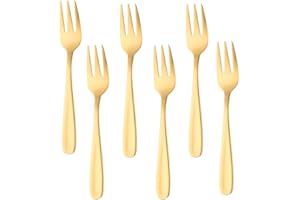 6 Pieces Appetizers Desert Forks, 18/10 Stainless Steel 3-tine Cocktail Mini Salad Fruit Fork Sets, 5.5 Inch (Gold)