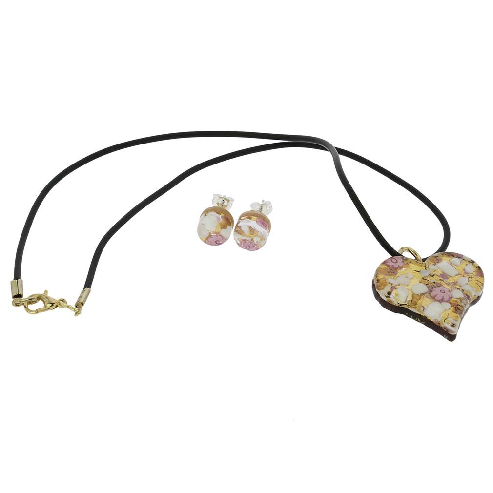 Glass Of Venice Murano Glass Venetian Reflections Heart Necklace and Earrings Set - Purple Gold