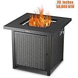 TACKLIFE Fire Table, 28 inch 50,000 BTU Auto-Ignition Outdoor Propane Gas Fire Pit Table with Cover, CSA Certification Approval and Strong Striped Steel Tabletop (Square Black)