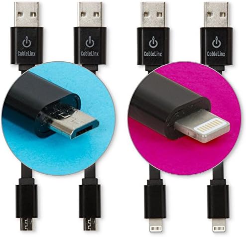 CableLinx Value Pack of (2) Micro to USB & (2) MFi Certified Connector to USB Charge and Sync Cables for ChargeHub, iPhone X/8/7/6, Galaxy S7, Pixel, LG, Nexus, HTC & More - (Black)