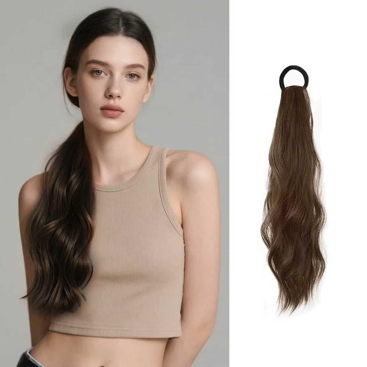 Photo 1 of 2PCS Curly Ponytail Extension with Hair Tie Hair Natural Black Wig Elastic Band Wave Fake Ponytail Wigs Accessories for Women Daily 17 Inches (1pc-ash brown)