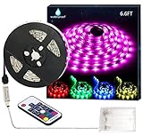 PINSAM Battery Powered Led Strip Lights, Waterproof Flexible Color Changing RGB LED Light Strip,5050 2M/6.6FT 60 LEDs 5V Battery-powered with RF Controller