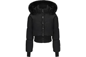 Women's Cropped Puffer Down Jackets Faux Fur Hood Zip Stand Collar Slim Fit Down Coats Fashion Warm Winter Outerwear