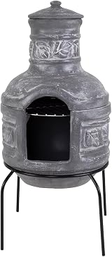 Charles Bentley Leaf Motif Clay Chiminea BBQ Grill with Stand & Lid view 4