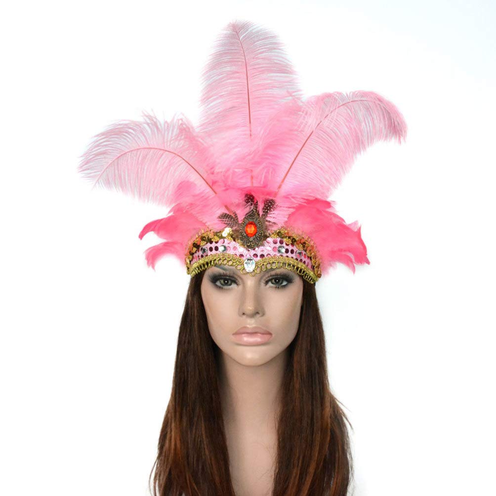 Minkissy Carnival Feather Headpiece, Vintage Feather Headband Showgirl Headband Carnival Fascinator Headdress for Masquerade Costume Party Pink