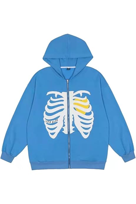 MENS SZ L BLUE/WHITE Cotton Gothic Skeleton Jacket RIBS Hoodie Zipper  Sweatshirt inkoprom.com