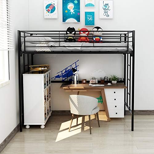 DUMEE Twin Over Loft Metal Bunk Bed with Ladder Beds Bedroom Dorm Black