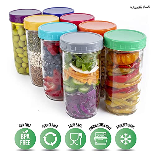 16 Pack Colored Plastic Ball Jar Lids, Kerr 8 Regular Mouth & 8 Wide