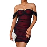 LAGSHIAN Women's Summer Sexy Bodycon Off Shoulder Sleeveless Mesh Ruched Mini Party Dress