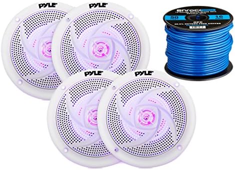 4x Pyle Marine 4" 2-Way Waterproof White LED Low Profile Slim Style Speakers, 16-Gauge 50 Foot Tinned Speaker Wire