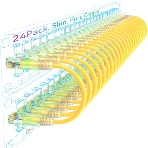 Sokqovt Cat6a Patchkabel, schmal, 0,3 m (24 Stück), flexibles Cat6-Ethernet-Kabel, 10G, 550 MHz, 28 AWG, reines Kupfer, Cat6 für Netzwerkschrank, Gelb