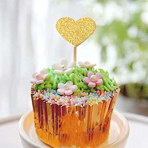 Zicome 50 Pack Double Sided Gold Glitter Cupcake Toppers Attached with Sticks for Baby Bridal Shower Birthday Party and Wedding (Heart)