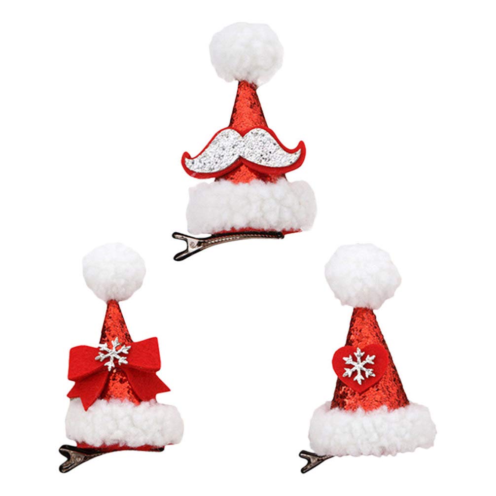 FRCOLOR Santa Hat Hair Clip,Sequin Hair Clips Christmas Pompom Hair Clip Christmas Headdress Glitter Santa Hat Hair Barrettes Bobby Pins for Girls,Kids,3pcs