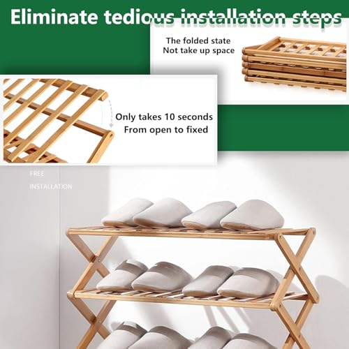 Glsety 3 Tier Bamboo Shoe Rack,Portable Folding Shoe Storage Rack,Without Installation Small Shoe Rack Perfect for Corridors, Bedrooms and Small Spaces (3 Tier)