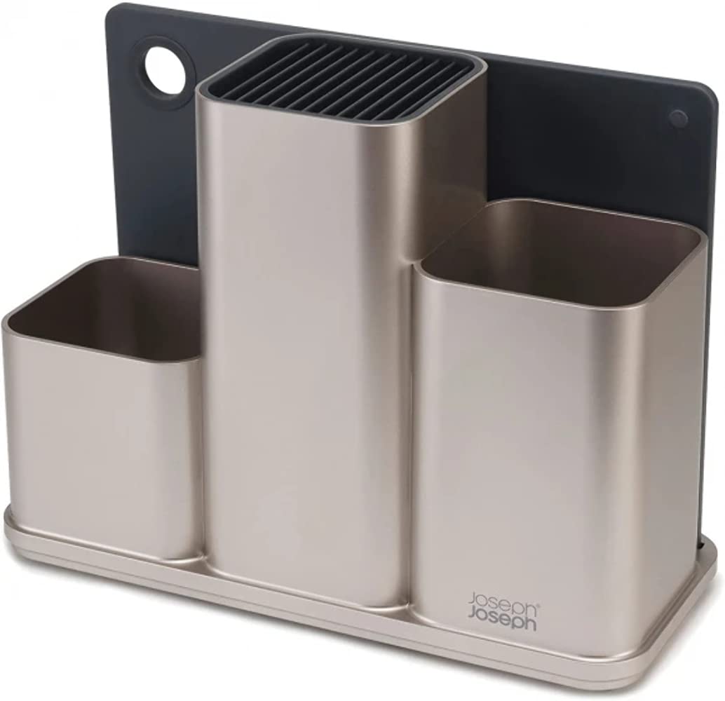 Joseph Joseph Plastic 85122 Counterstore Utensil Pot & Chopping Board Set- Silver, 13 x 30.8 x 22.7 cm