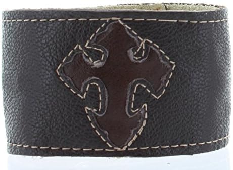 Charlie Biker Bracelet, Men or Womens Leather Bracelet with Secret Hidden Zipper Compartment, Approx 8-9" Adjustable, Dark Brown Leather with Dark Brown Cross Design.