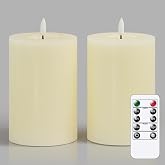 Zevanor Flameless Flickering D: 4" H: 6" Real Wax Ivory Remote Candles with Candle Grease, Pack of 2 Timer LED Battery Operated Fake Warm Light Pillar Candles for Home, Banquet, Ceremony Decoration