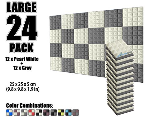 Arrowzoom New 24 Pack of 9.8 X 9.8 X 1.9 Inches Pearl White and Gray Soundproofing Insulation Pyramid Acoustic Wall Foam Padding Studio Foam Tiles AZ1034 (PEARL WHITE &amp; GRAY)