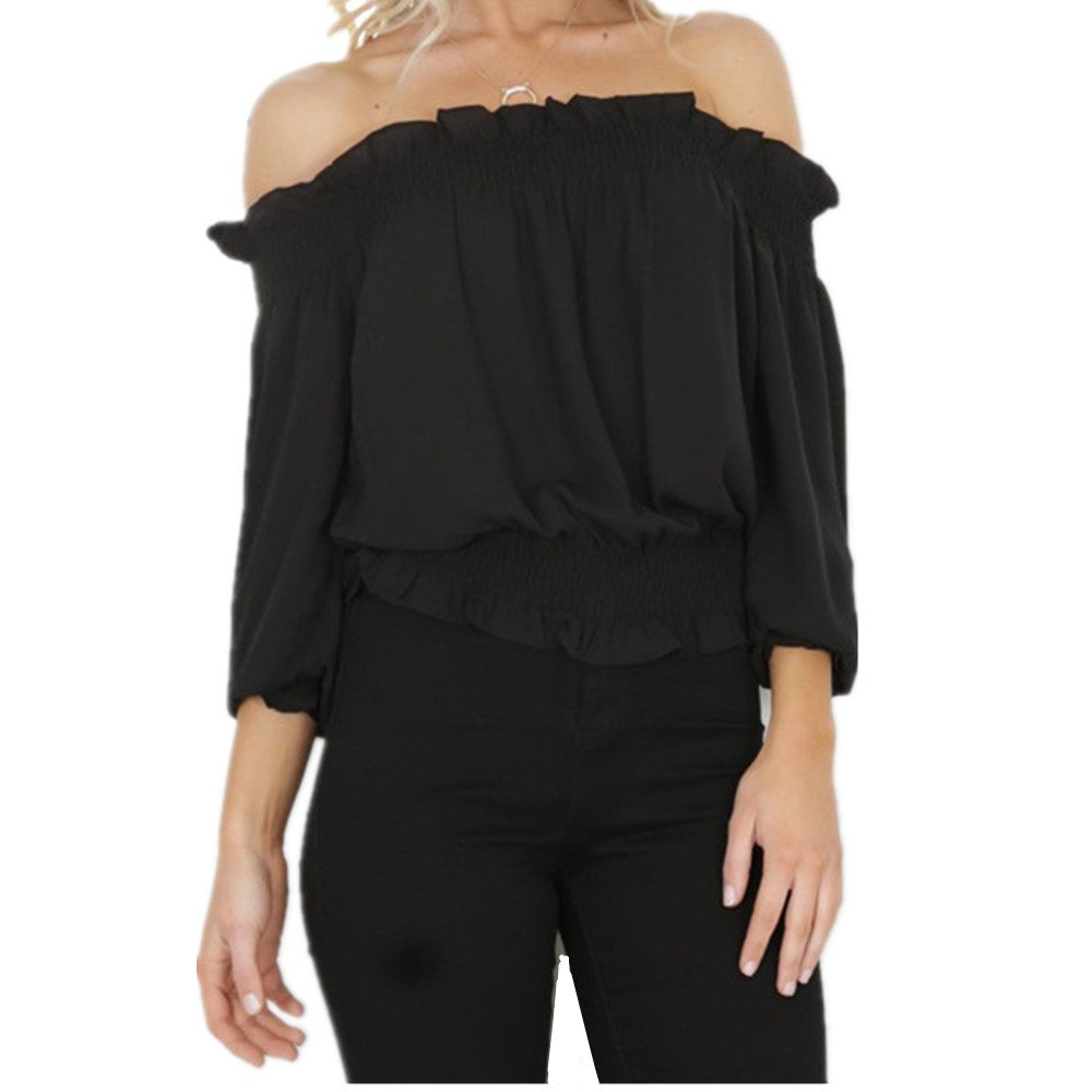 Women\'s Off Shoulder Crop Tops Blouses Lettuce Trim Casual Shirts New Summer Cold Silk Tunic