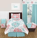 Turquoise and Coral Emma 4 Piece Kids Teen Modern Twin Bedding Set Collection