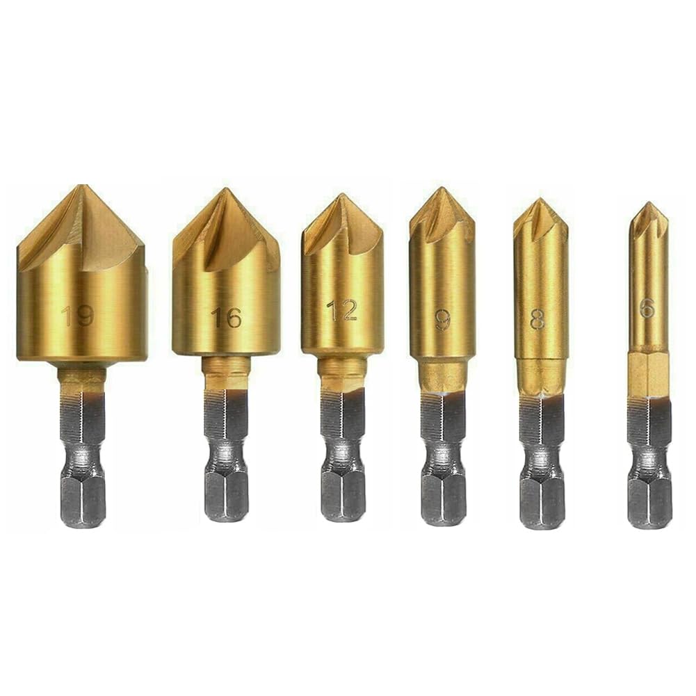 Teocpai 6 Pieces 1/4 Inch Hexagonal 90° HSS Countersunk Drill Bit Set Chamfer Drill Bit for Wood 6 mm - 19 mm