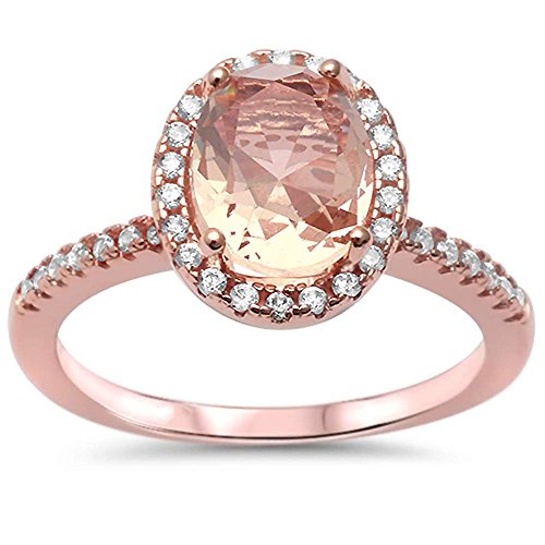 Oxford Diamond Co Sterling Silver Halo Rose Gold Plated Simulated Morganite & Cubic Zirconia Ring Sizes 9